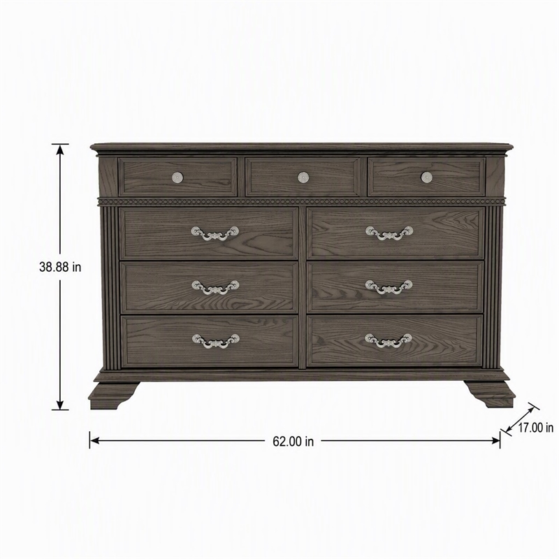 Bowery Hill Traditional 9-Drawer Wood Dresser in Gray Finish