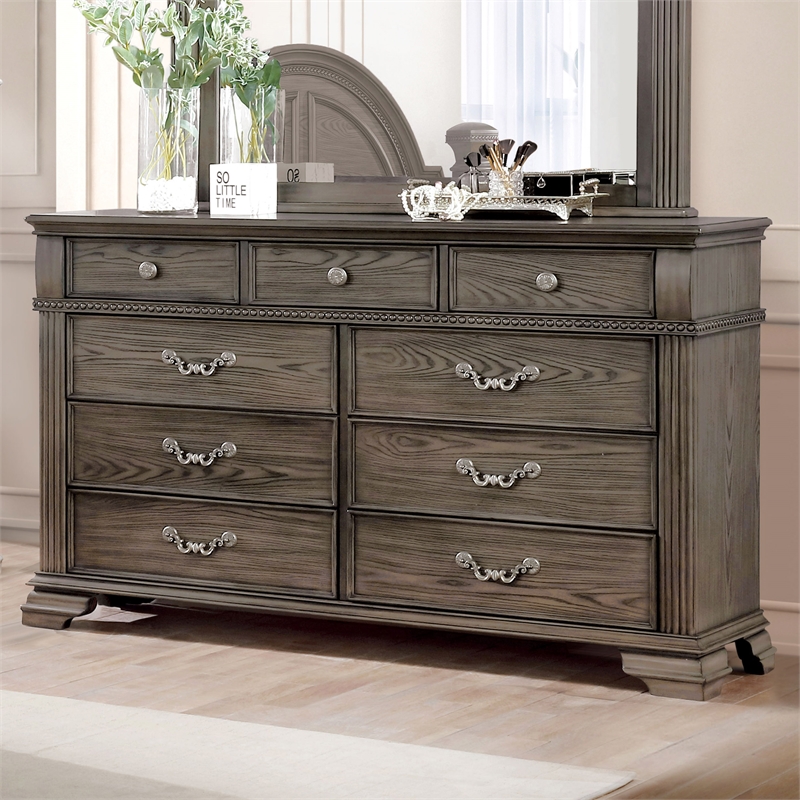 Bowery Hill Traditional 9-Drawer Wood Dresser in Gray Finish