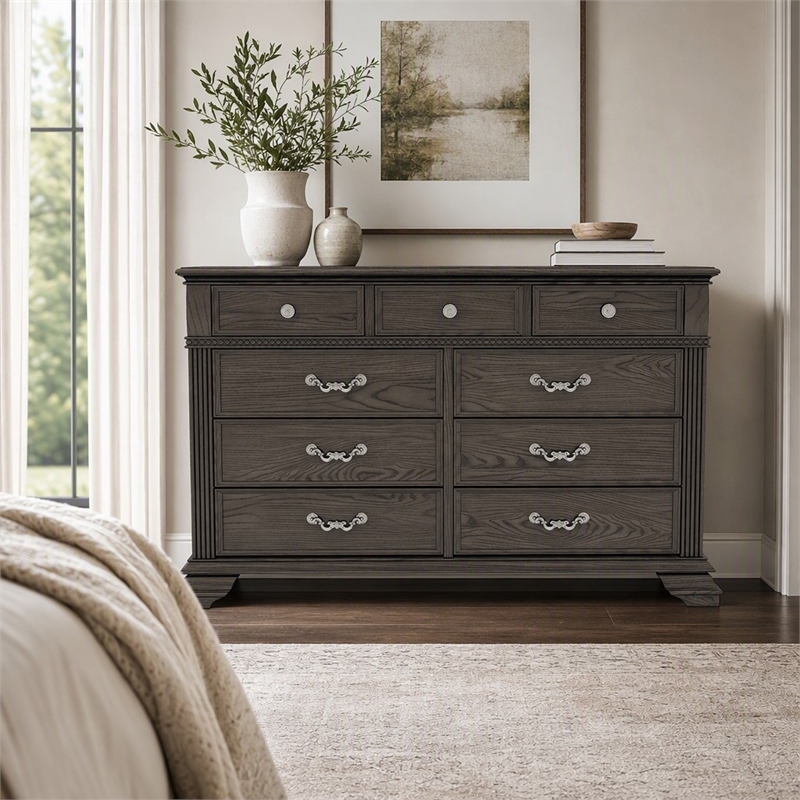 Bowery Hill Traditional 9-Drawer Wood Dresser in Gray Finish