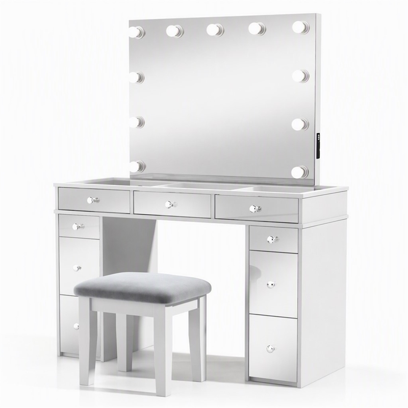 Bowery Hill Solid Wood 3-Piece Vanity Set with USB in White Finish