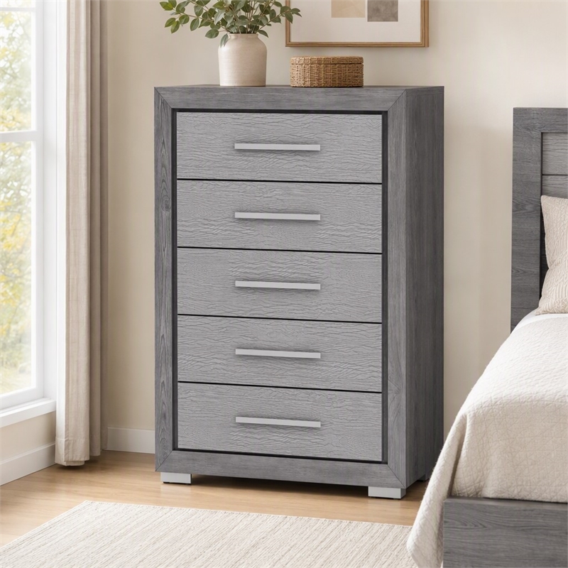 Bowery Hill Transitional Wood 5-Drawer Chest in Gray