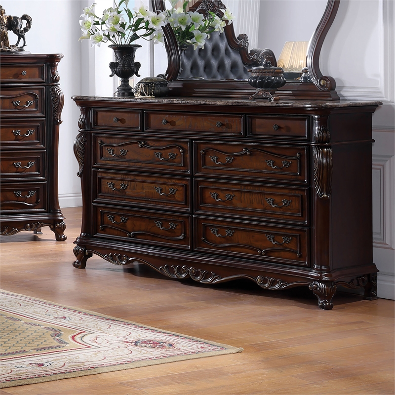 Bowery Hill 9-Drawer Solid Wood Dresser in Dark Cherry Finish