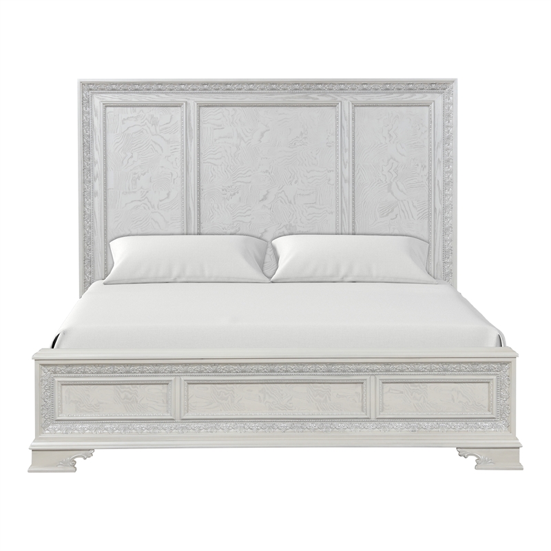 Bowery Hill Ornate Wood King Bed with Silver Accents in White Finish
