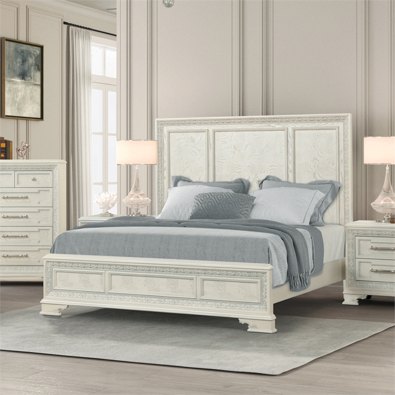 Bowery Hill Ornate Wood King Bed with Silver Accents in White Finish