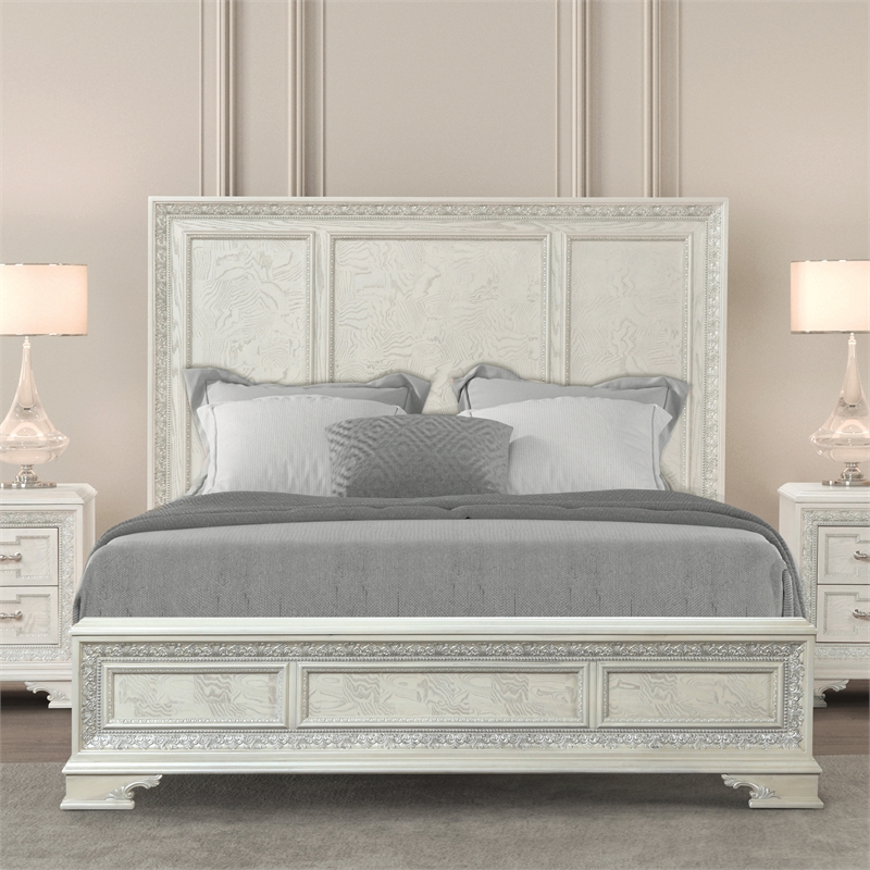 Bowery Hill Ornate Wood King Bed with Silver Accents in White Finish