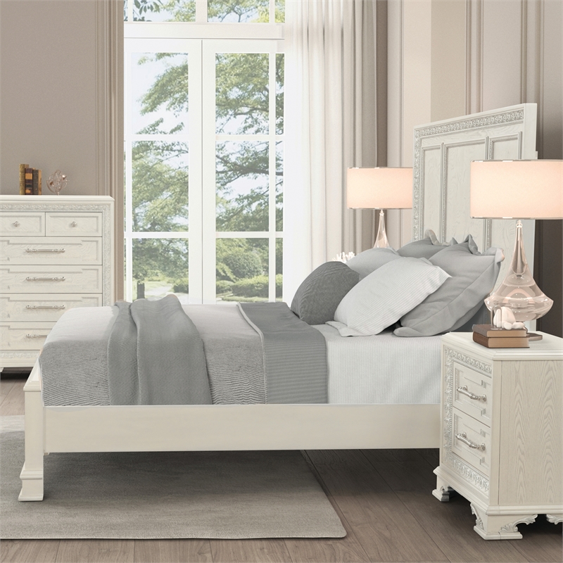 Bowery Hill Ornate Wood King Bed with Silver Accents in White Finish