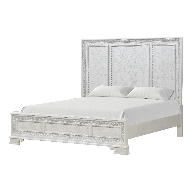Bowery Hill Ornate Wood King Bed with Silver Accents in White Finish