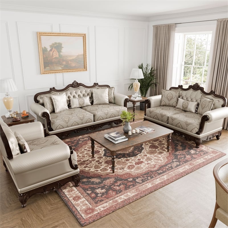 Bowery Hill 3-Piece Beige Fabric Sofa Set with Cherry Wood Details