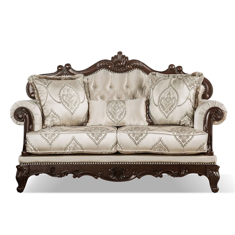 Bowery Hill 3-Piece Beige Fabric Sofa Set with Cherry Wood Details