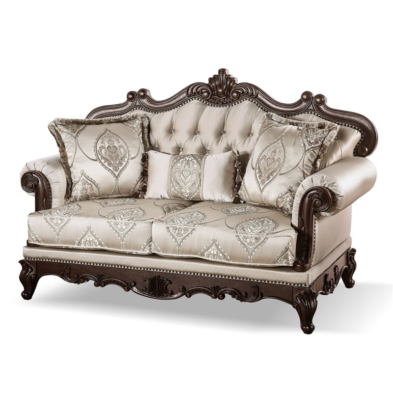 Bowery Hill 3-Piece Beige Fabric Sofa Set with Cherry Wood Details