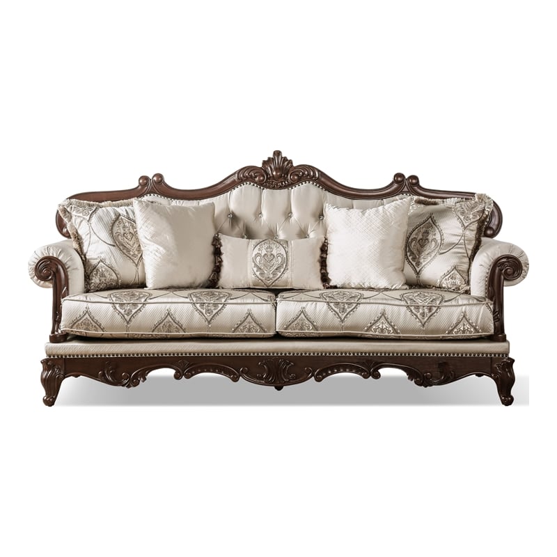 Bowery Hill 3-Piece Beige Fabric Sofa Set with Cherry Wood Details
