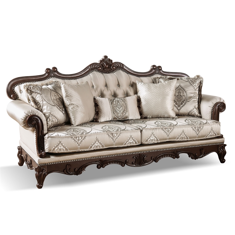 Bowery Hill 3-Piece Beige Fabric Sofa Set with Cherry Wood Details