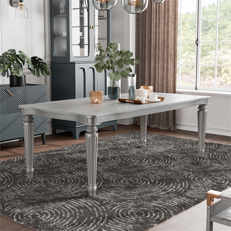 Bowery Hill Wood 84-in Dining Table in Silver Finish with Fluted Legs