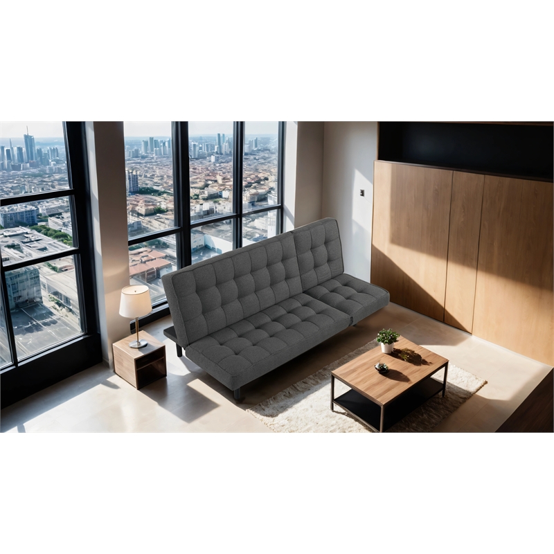 Bowery Hill Fabric and Rubberwood Futon Sofa Bed in Dark Gray