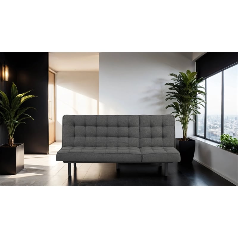 Bowery Hill Fabric and Rubberwood Futon Sofa Bed in Dark Gray
