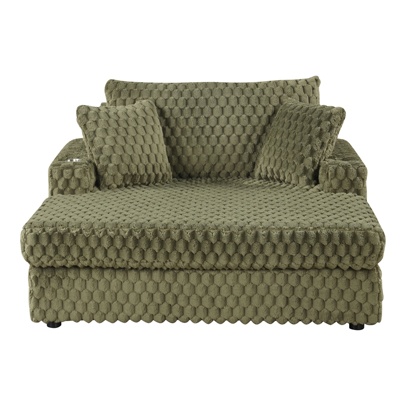 Bowery Hill Faux Fur Fabric 2-Arm Oversized Chaise in Olive Green