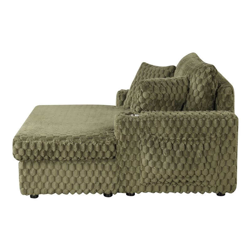 Bowery Hill Faux Fur Fabric 2-Arm Oversized Chaise in Olive Green