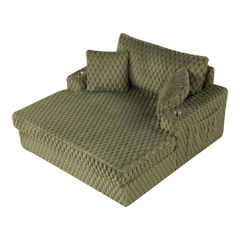 Bowery Hill Faux Fur Fabric 2-Arm Oversized Chaise in Olive Green
