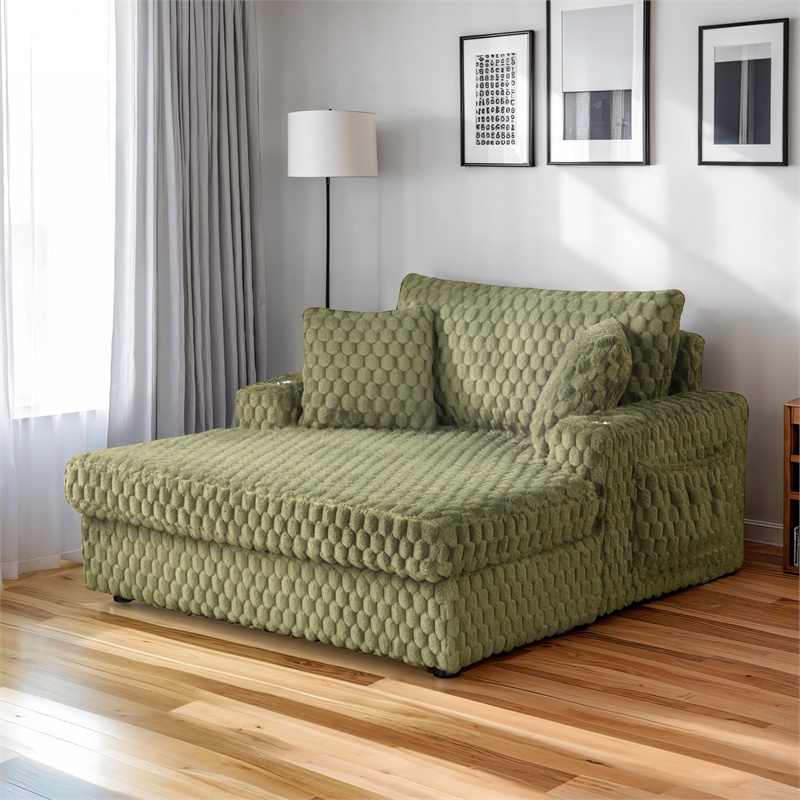Bowery Hill Faux Fur Fabric 2-Arm Oversized Chaise in Olive Green