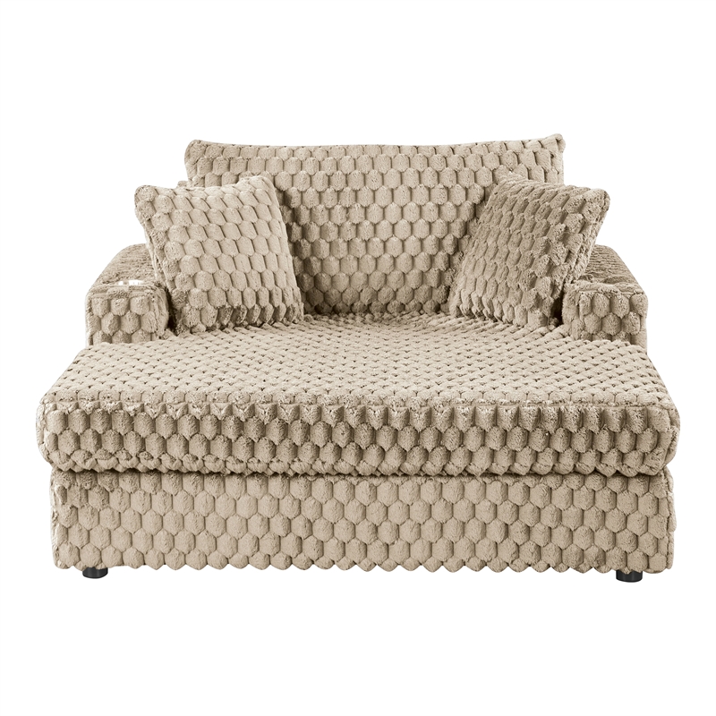 Bowery Hill Faux Fur Fabric 2-Arm Oversized Chaise in Light Brown
