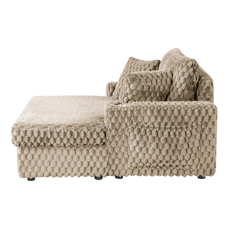 Bowery Hill Faux Fur Fabric 2-Arm Oversized Chaise in Light Brown