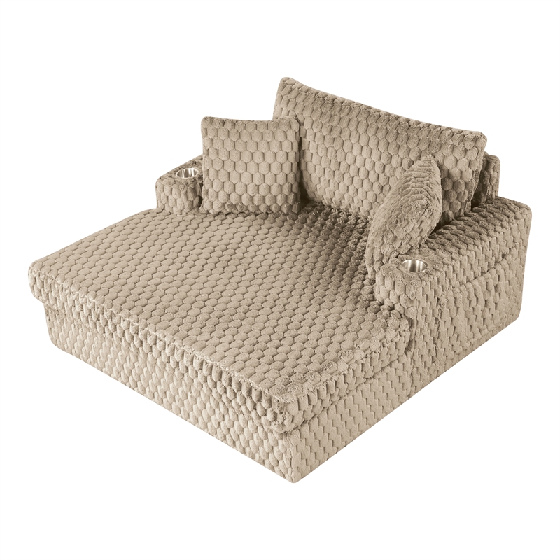 Bowery Hill Faux Fur Fabric 2-Arm Oversized Chaise in Light Brown