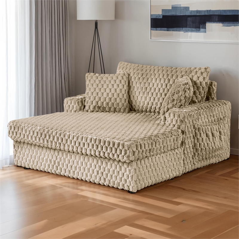 Bowery Hill Faux Fur Fabric 2-Arm Oversized Chaise in Light Brown