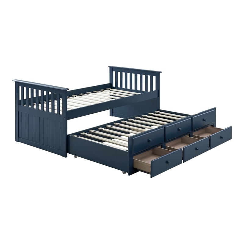 Bowery Hill Wood Twin Captain Bed with Trundle in Midnight Blue