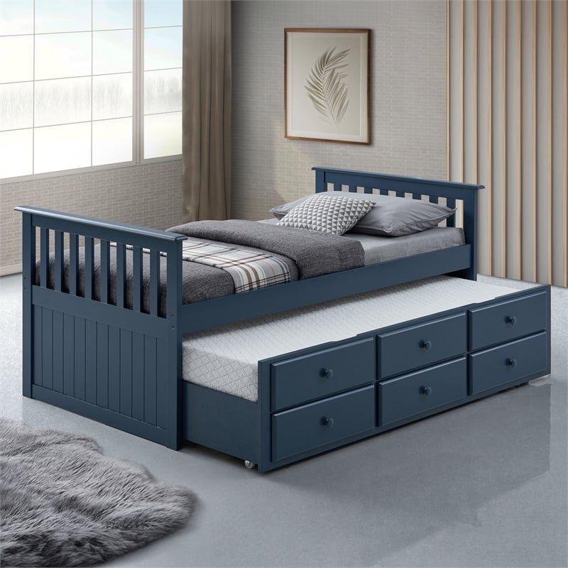 Bowery Hill Wood Twin Captain Bed with Trundle in Midnight Blue