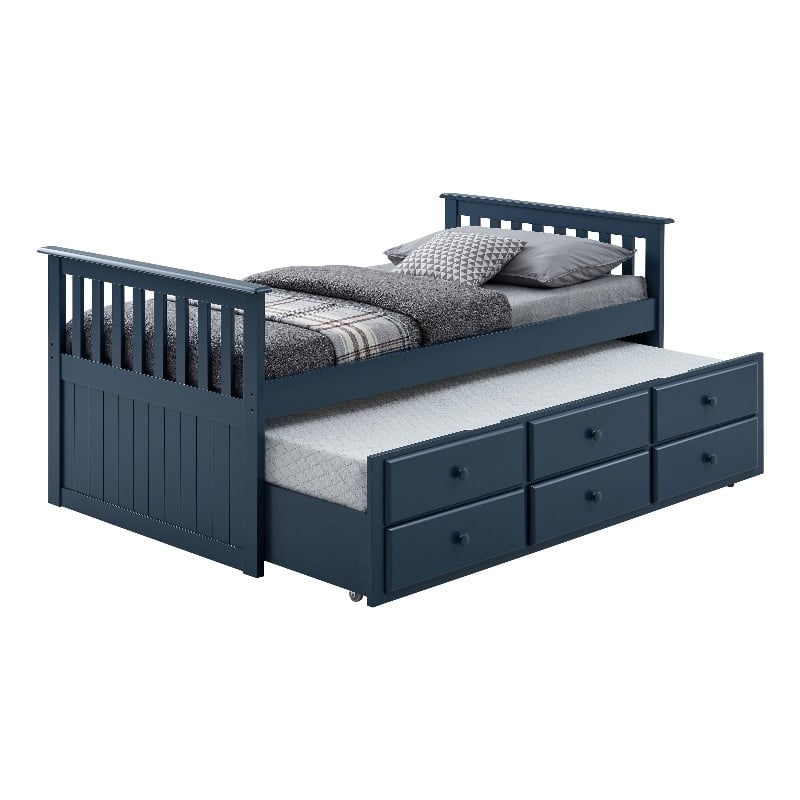 Bowery Hill Wood Twin Captain Bed with Trundle in Midnight Blue