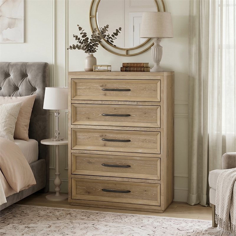 Bowery Hill Solid Wood 5-Drawer Chest in Natural Finish with Oak Veneer