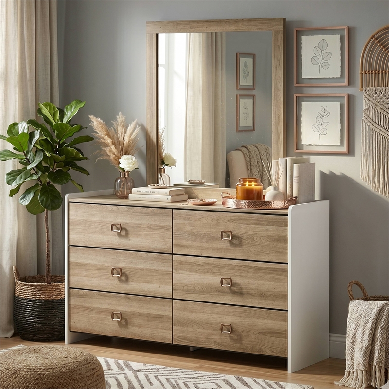 Bowery Hill 2-Piece Dresser and Mirror Set in Dusty Oak and White