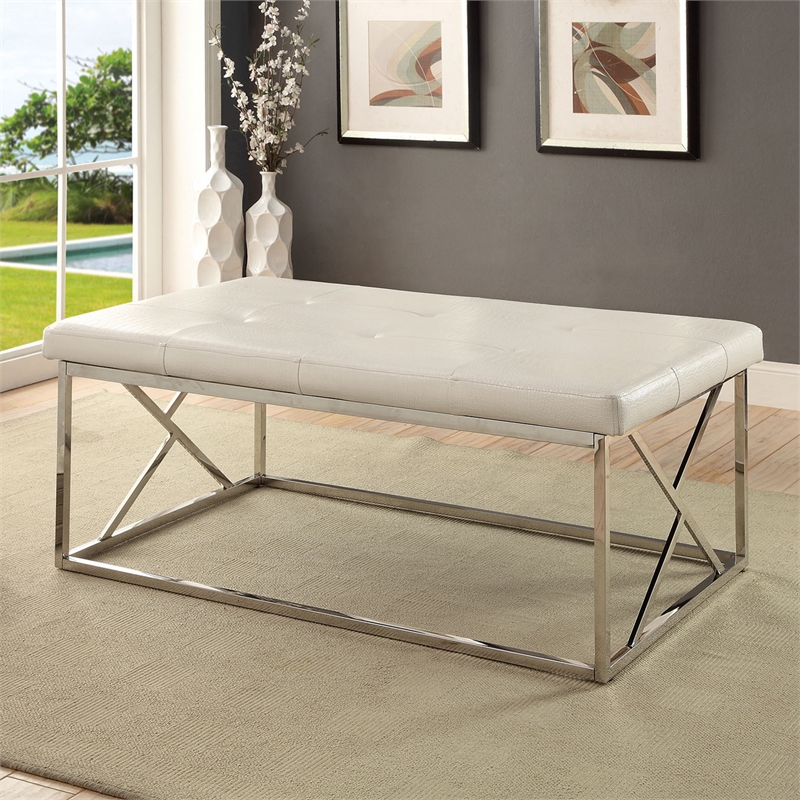Bowery Hill Contemporary Tufted Faux Leather Bench in White Finish