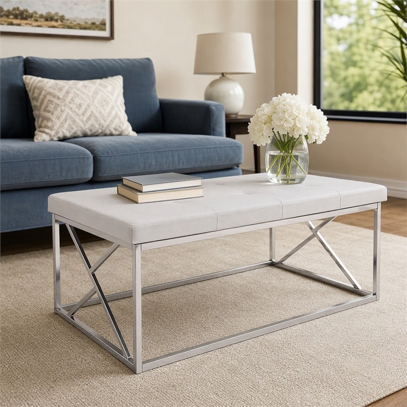 Bowery Hill Contemporary Tufted Faux Leather Bench in White Finish