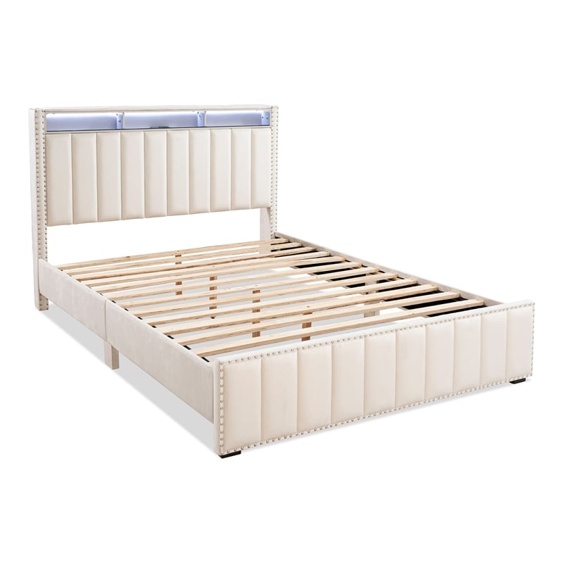 Bowery Hill Beige Fabric Upholstered Full 2-Piece Bedroom Set with LED