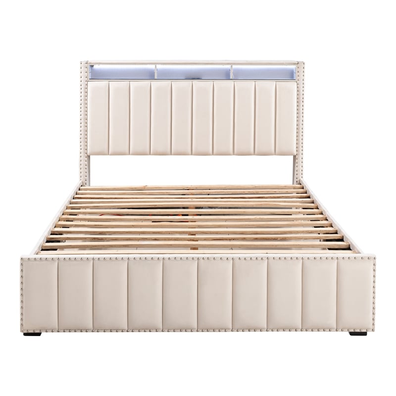 Bowery Hill Beige Fabric Upholstered Full 2-Piece Bedroom Set with LED