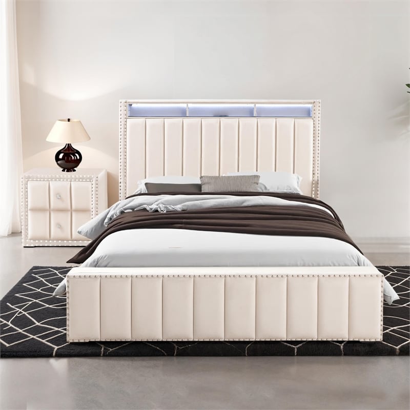 Bowery Hill Beige Fabric Upholstered Full 2-Piece Bedroom Set with LED