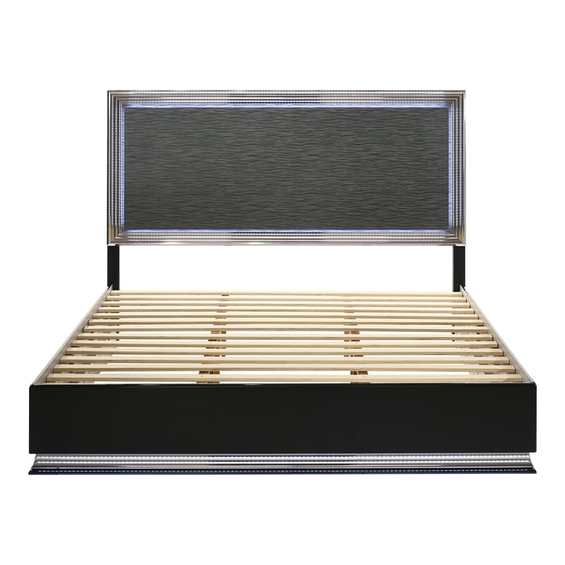 Bowery Hill Solid Wood Queen Platform Bed with LED Headboard in Gray