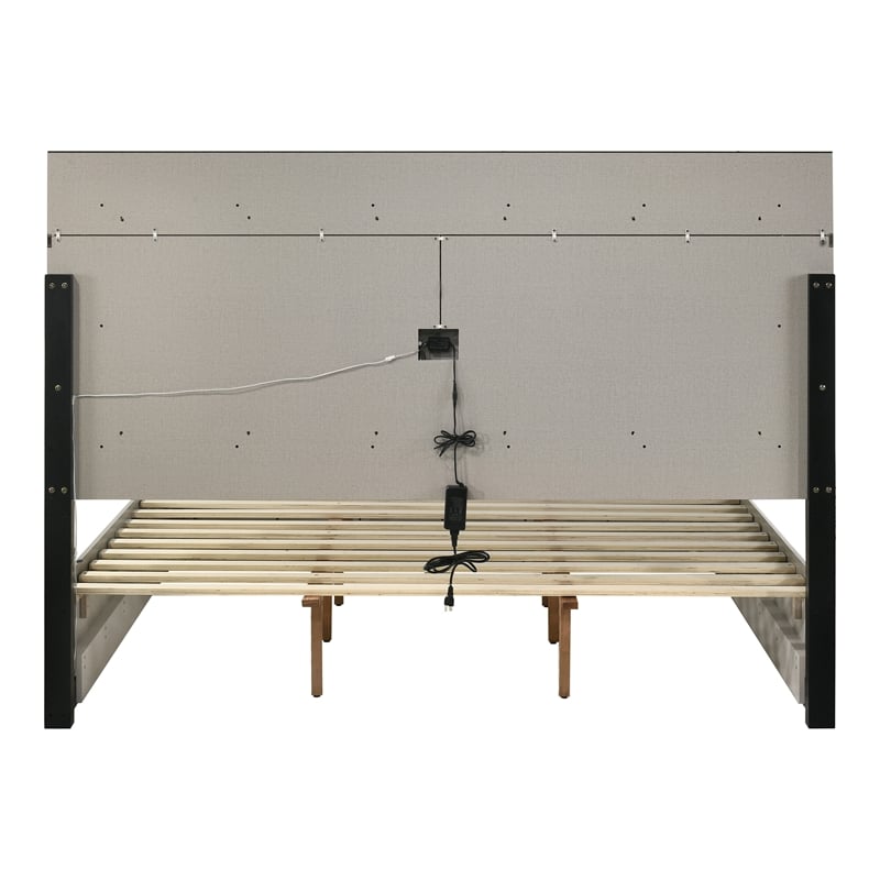 Bowery Hill Solid Wood Queen Platform Bed with LED Headboard in Gray