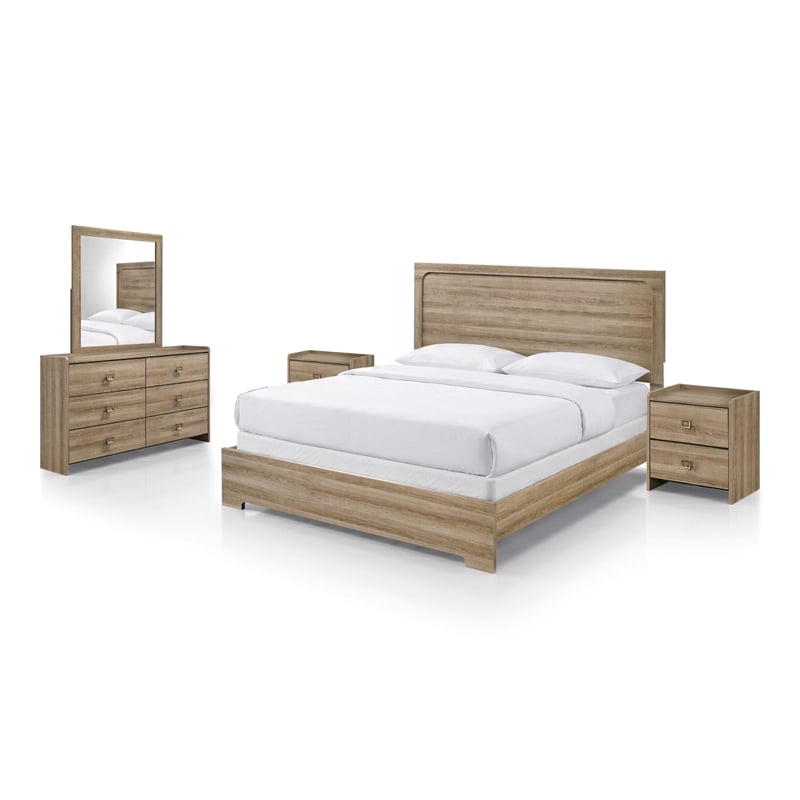 Bowery Hill King 5-Piece Bedroom Set in Dusty Oak with Mirror & Nightstands