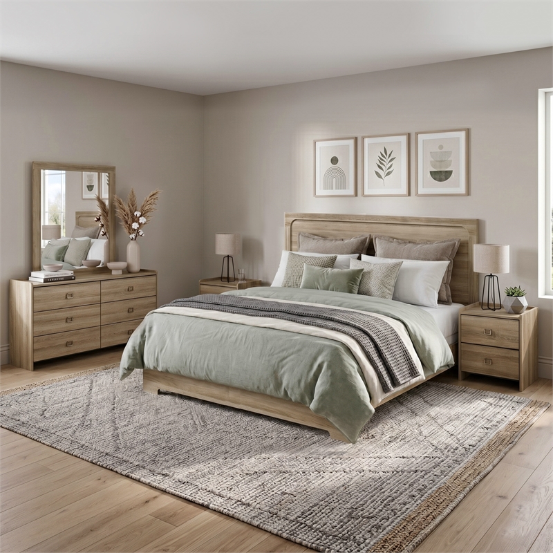 Bowery Hill King 5-Piece Bedroom Set in Dusty Oak with Mirror & Nightstands
