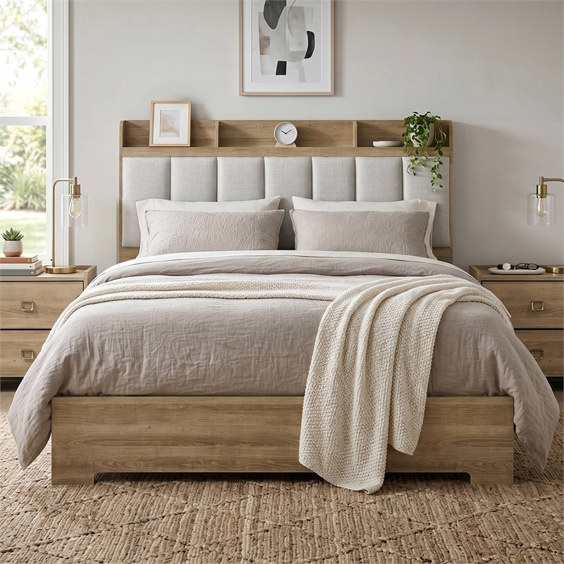 Bowery Hill Queen Upholstered Bed in Dusty Oak Finish