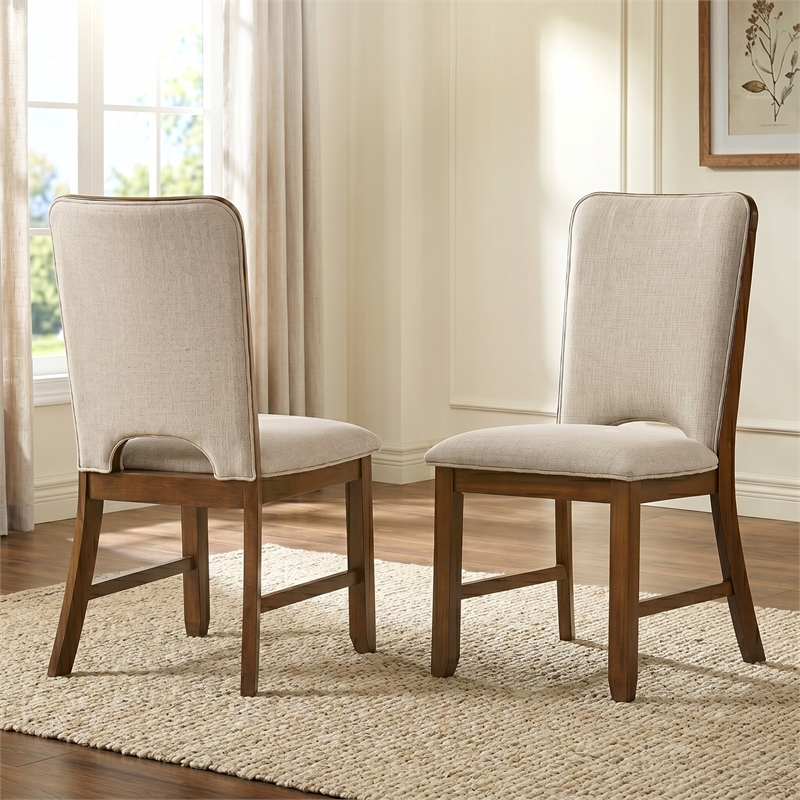 Bowery Hill Walnut Side Chair Set of 2 with Beige Fabric Upholstery