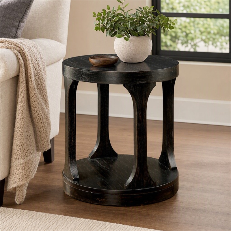 Bowery Hill Solid Wood Open Shelf End Table in Antique Black