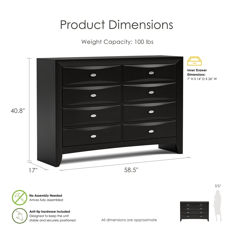 Bowery Hill Black Solid Wood 8-Drawer Dresser with Nickel Hardware