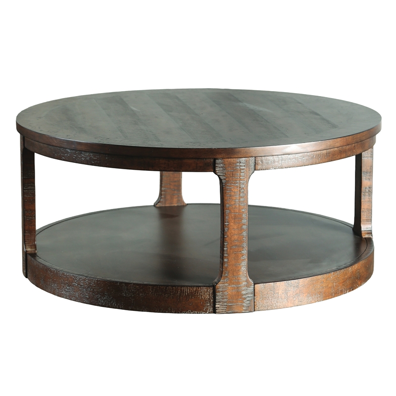 Bowery Hill Solid Wood Coffee Table with Lower Shelf in Distressed Espresso