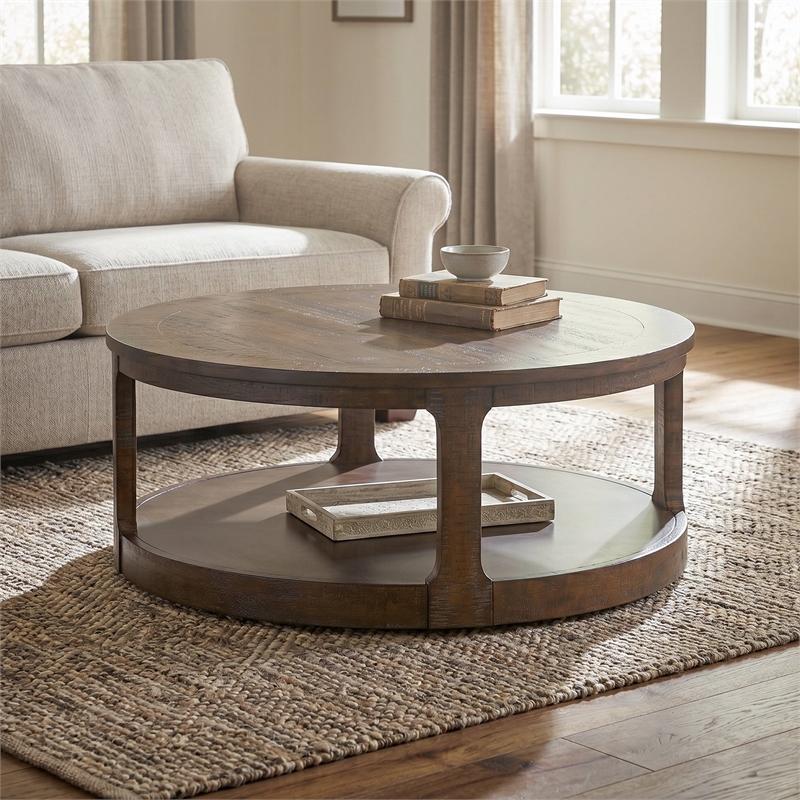 Bowery Hill Solid Wood Coffee Table with Lower Shelf in Distressed Espresso