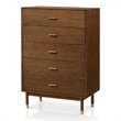 Bowery Hill Mid-Century Walnut 5-Drawer Chest with Gold Pull Handles