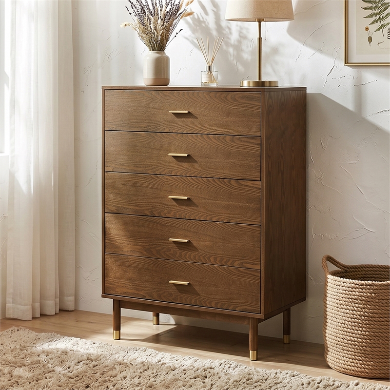 Bowery Hill Mid-Century Walnut 5-Drawer Chest with Gold Pull Handles