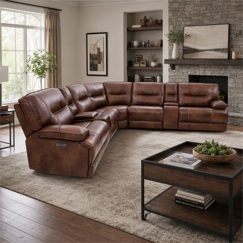 Bowery Hill Transitional Leather Reclining Sectional in Brown